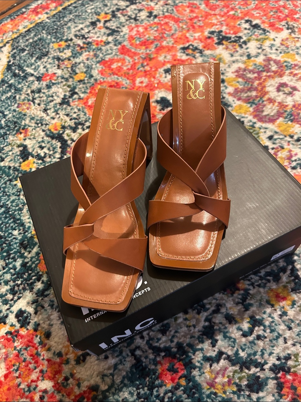 New York & Company Tan Crisscross Leather Square-Toe Mule Heels. NWOB